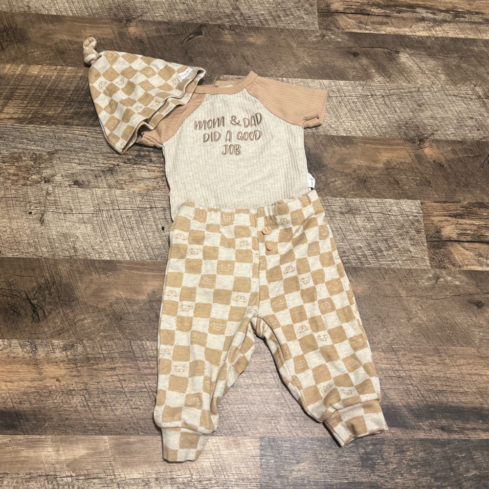 Tan and Cream Checkered Kids One Piece with Hat
